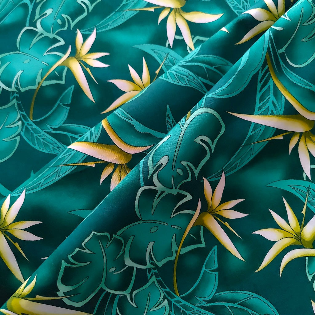 Tissu tahitien oiseaux de paradis jaune et feuillages vert - aucun réassort