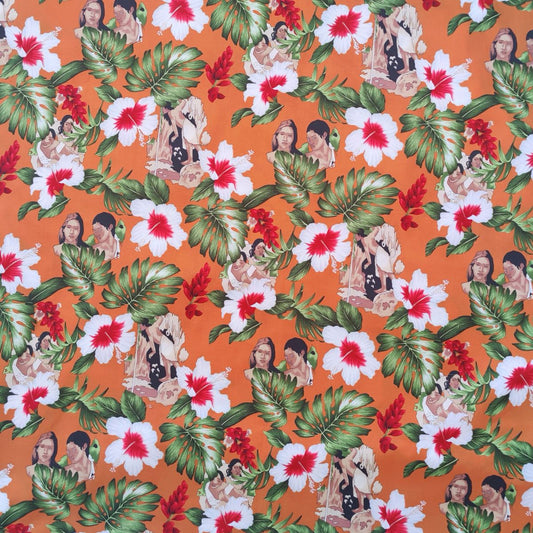 Tissu tahitien en coton, peinture Gauguin, hibiscus et monstera, vert et orange