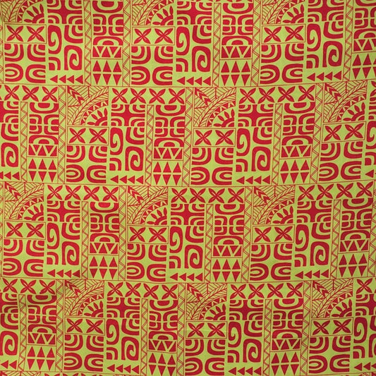 Tissu coton Tatouages polynésiens jaune rouge motifs géométriques traditionnels Couleurs du Fénua
