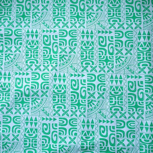 Tissu coton Tatouages polynésiens vert d'eau blanc motifs géométriques traditionnels Couleurs du Fénua