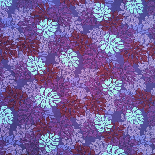Tissu polynésien monstera violet et blanc en coton - 115cm de laize