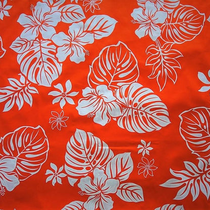 tissu coton hibiscus et monstera orange et blanc