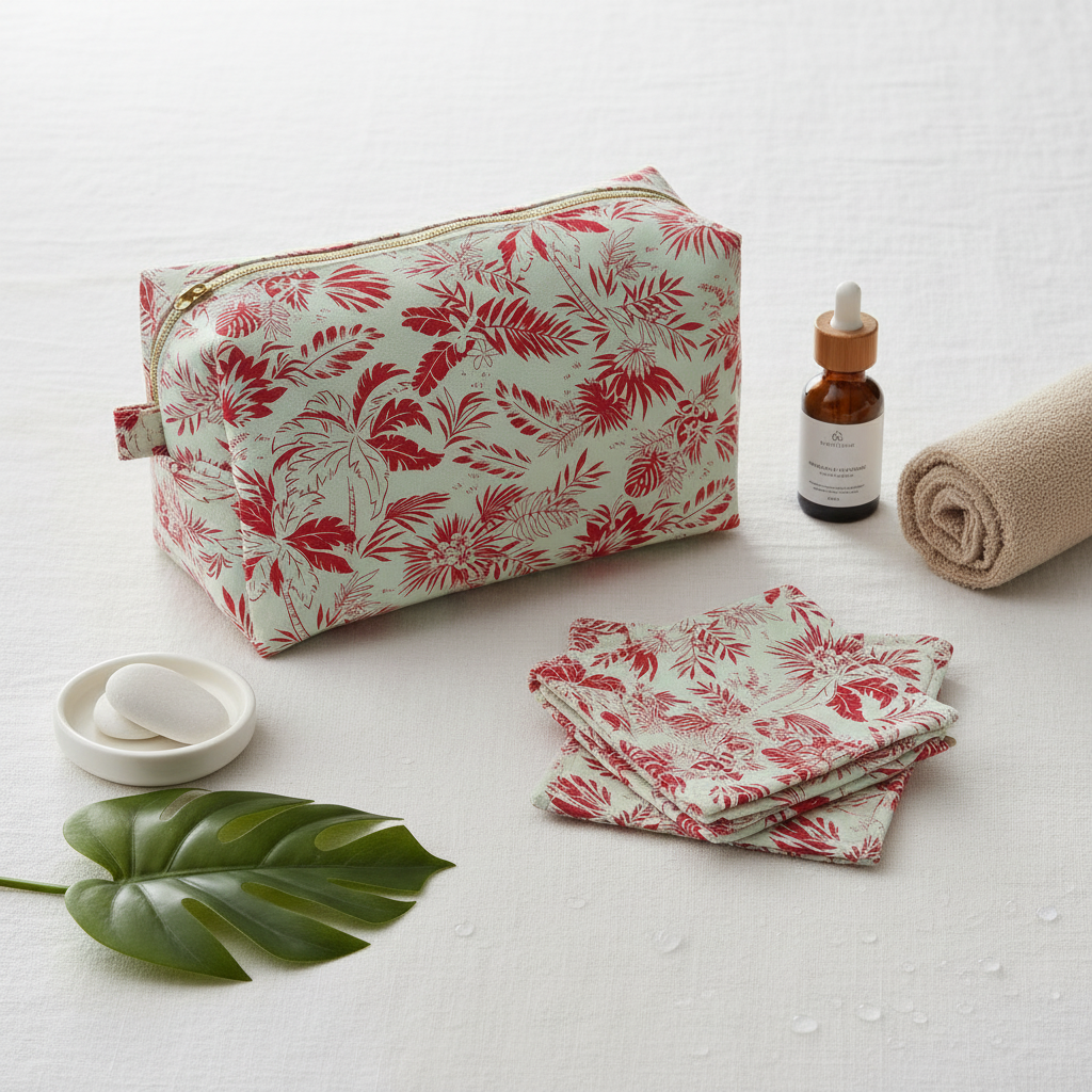 Trousse de toilette et lingettes tissu tropical rouge beige