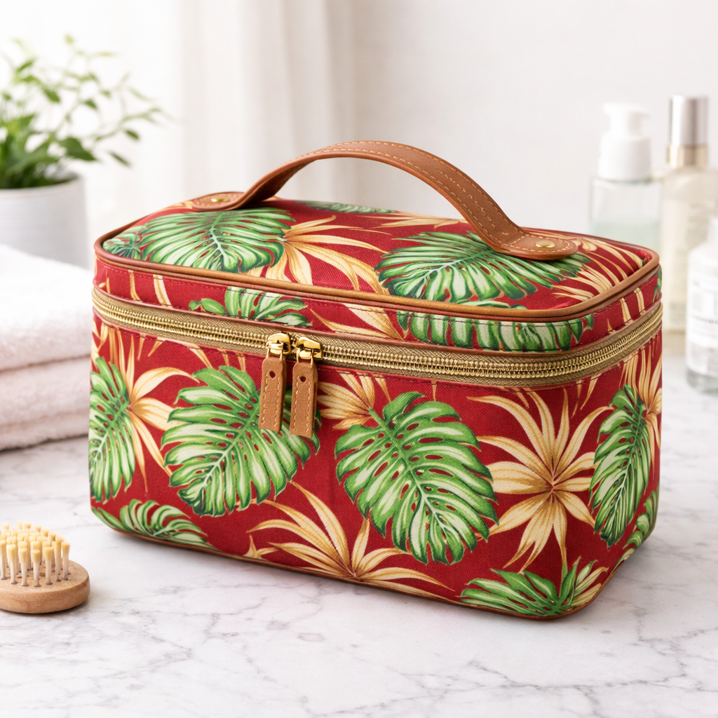 Trousse de toilette motif Monstera vert bordeaux tissu coton polynésien Couleurs du Fénua
